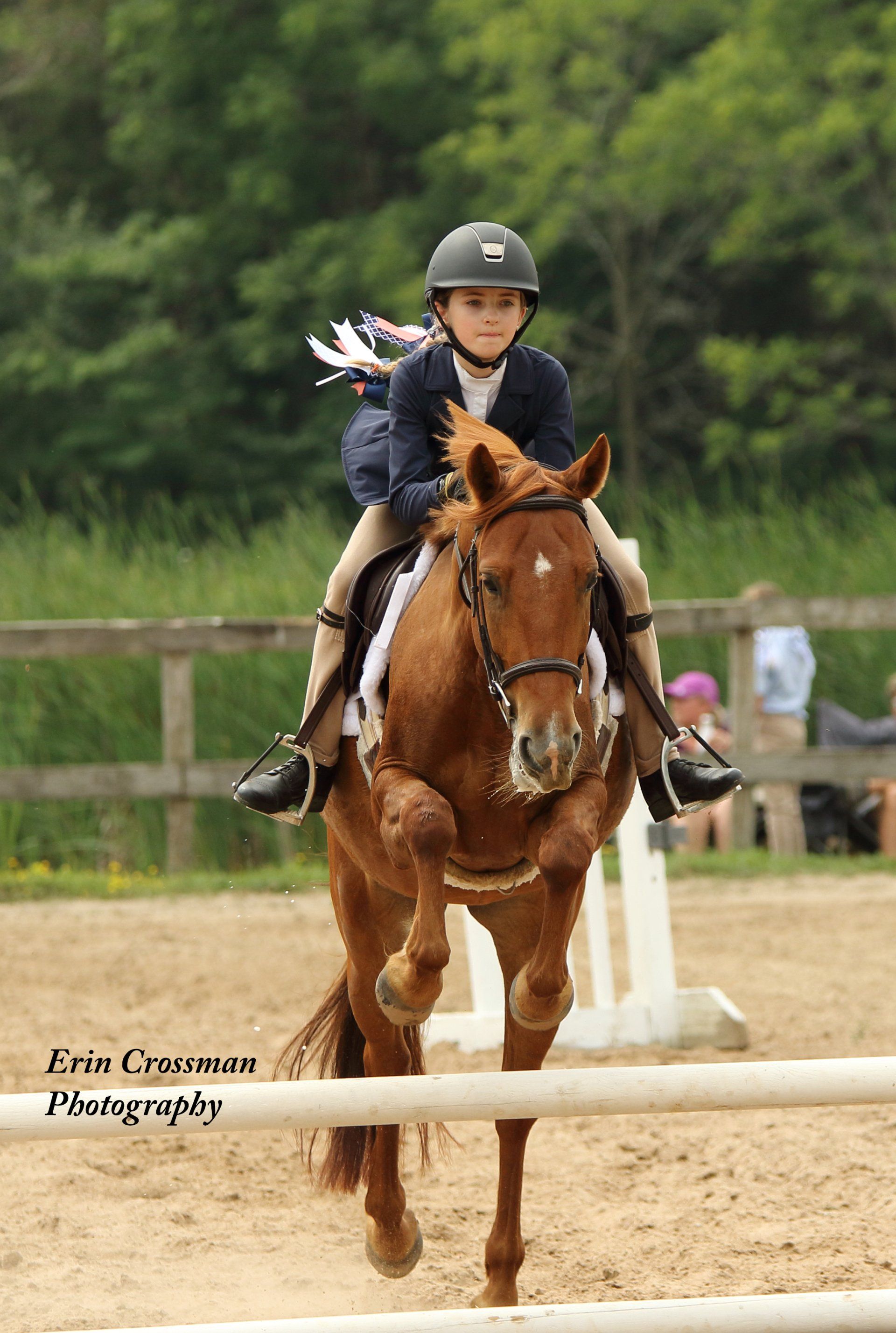 Young rider on horse jumping in show ring
