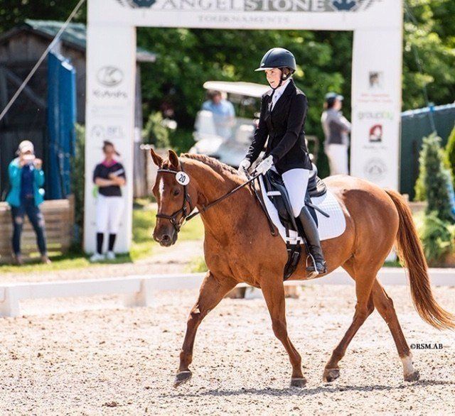 A dressage rider in the show ring with trainer watching