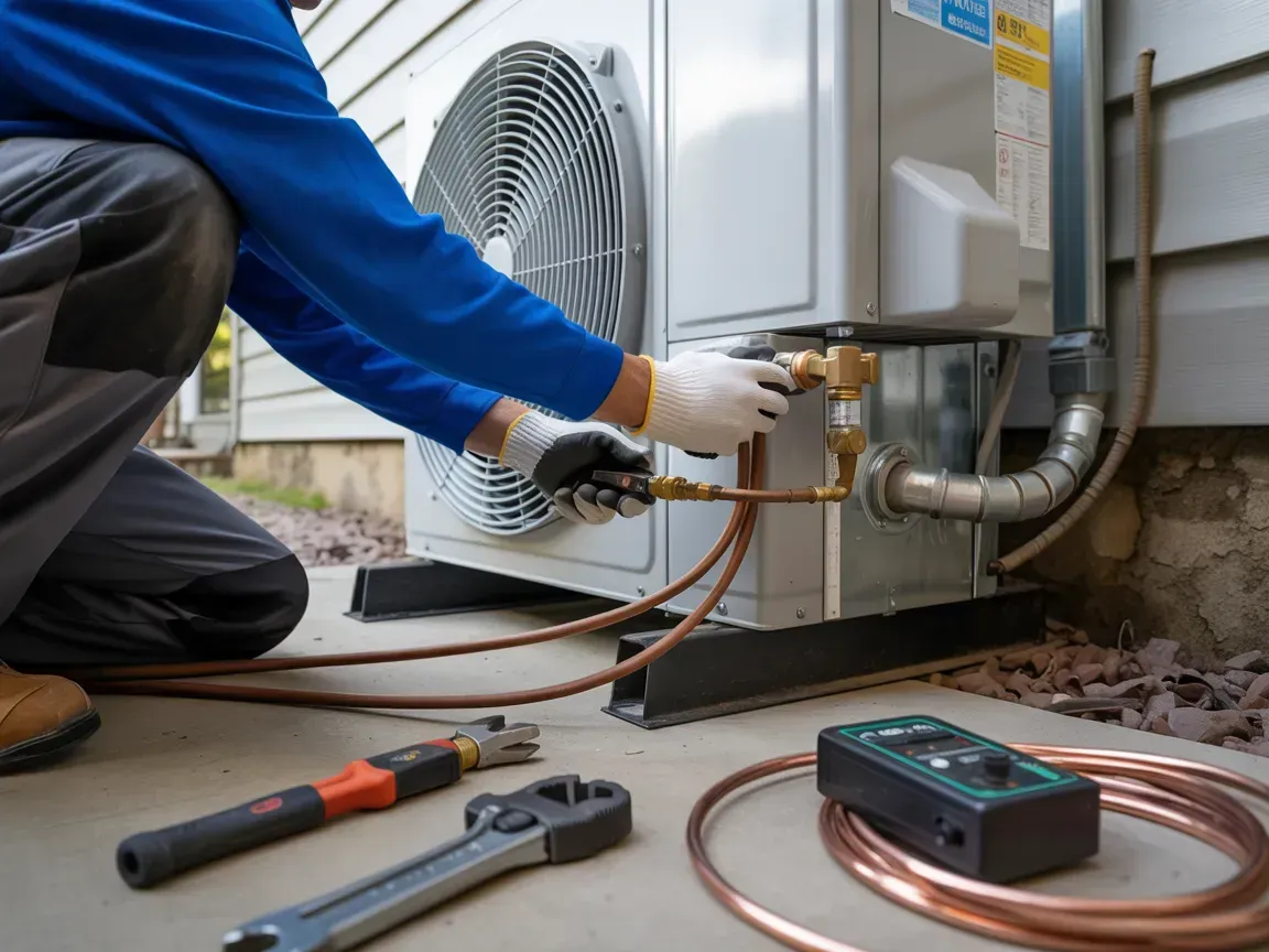 Technician connecting gauges to an outdoor HVAC unit during maintenance, with tools on the ground