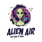 Alien head with stars and Earth above &ldquo;ALIEN AIR&rdquo; and &ldquo;WE KEPT IT CHILL&rdquo; text