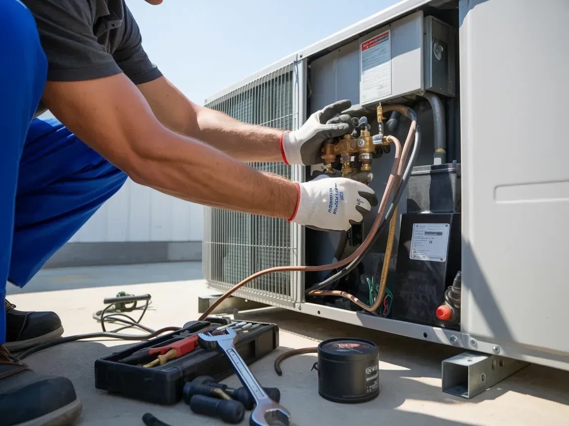 Technician servicing HVAC unit with tools and gauges outdoors