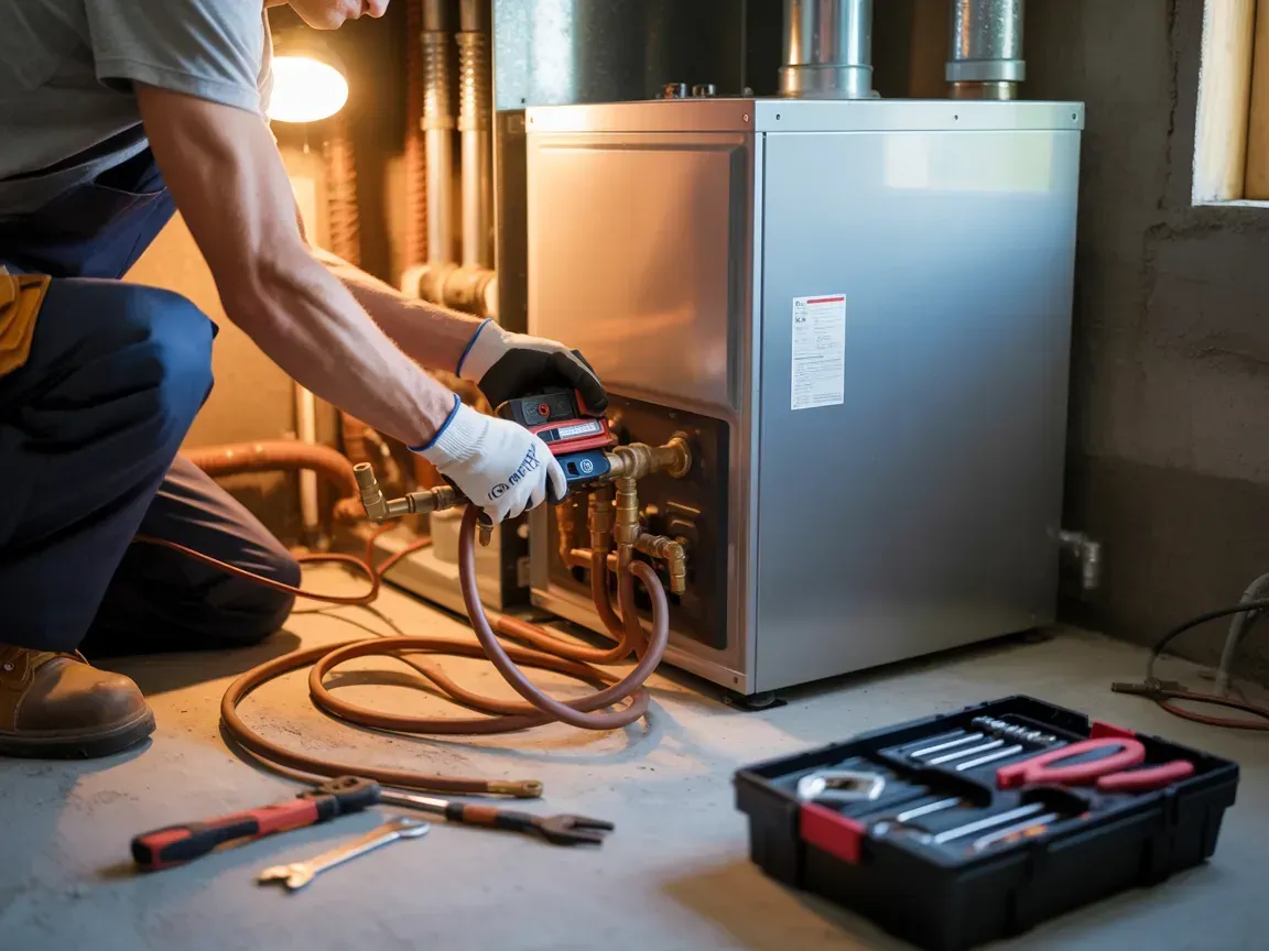 Technician servicing HVAC unit with tools in a utility room, kneeling beside exposed pipes and wiring.