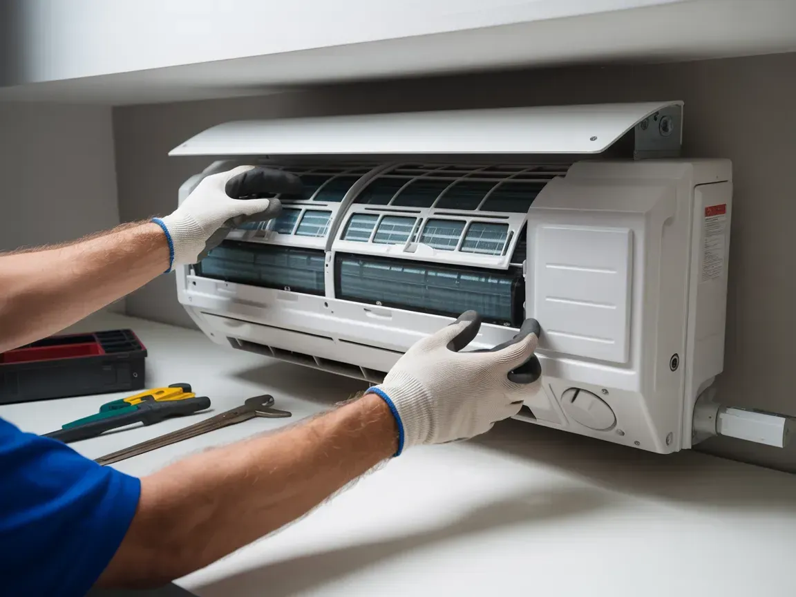 Technician adjusting a wall-mounted air conditioner with gloved hands