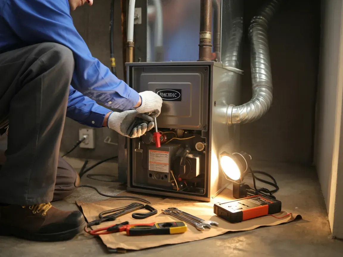 Technician adjusting a furnace control panel in a dim utility room, with tools and a work light nearby