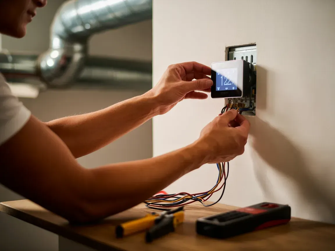 Person wiring a wall-mounted touchscreen thermostat with tools on a table nearby