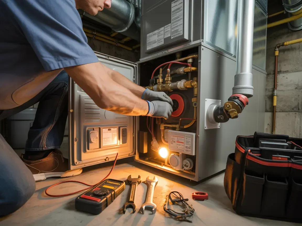 Technician servicing a furnace with tools and a toolbox in a basement utility room