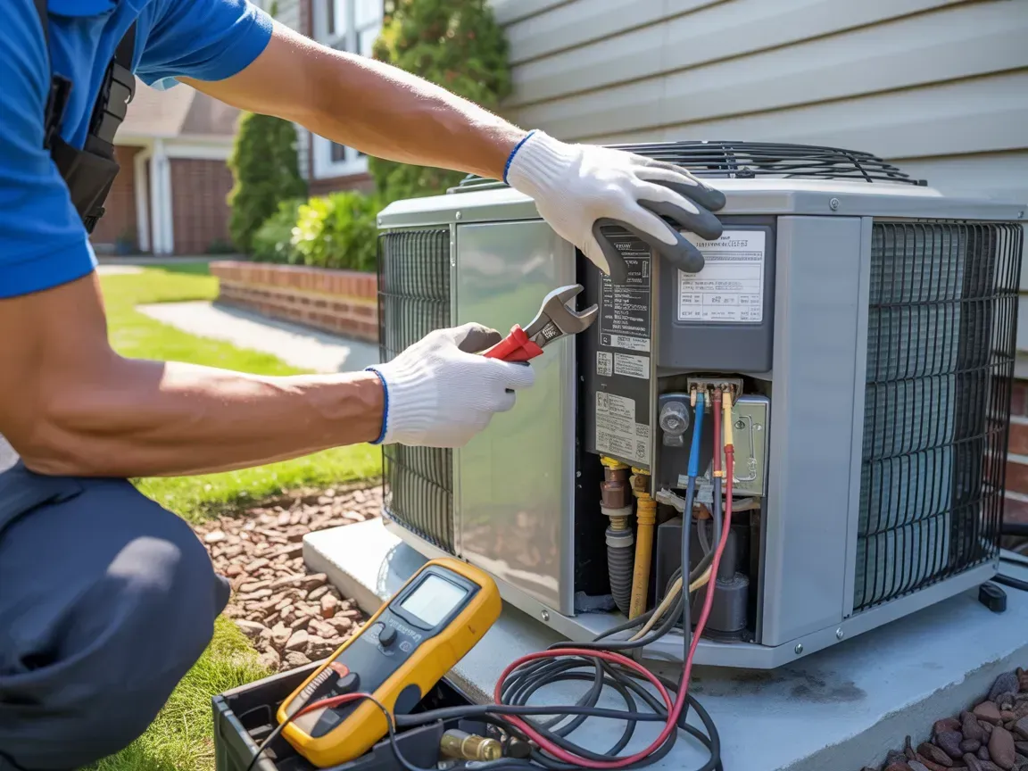Technician testing an outdoor air conditioner with a multimeter beside exposed wiring and tools