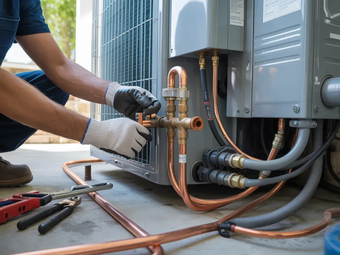 Technician installing copper HVAC pipes beside an outdoor AC unit, with tools on the ground.