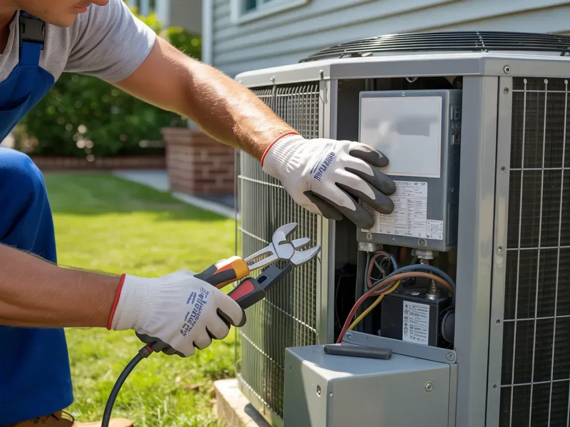 Technician using pliers to service an outdoor HVAC unit on a lawn
