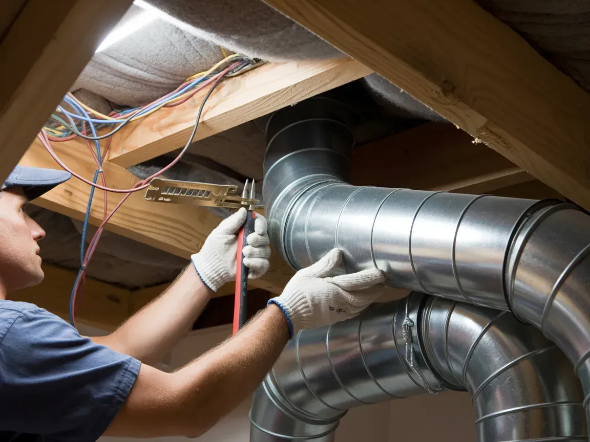 Technician installing silver HVAC ductwork in an attic with exposed wooden beams and wires
