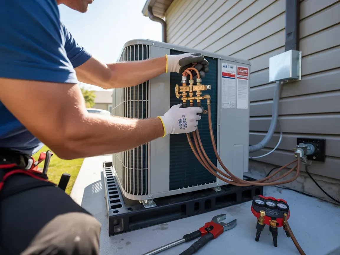 Technician connecting copper refrigerant lines to an outdoor HVAC unit beside a house
