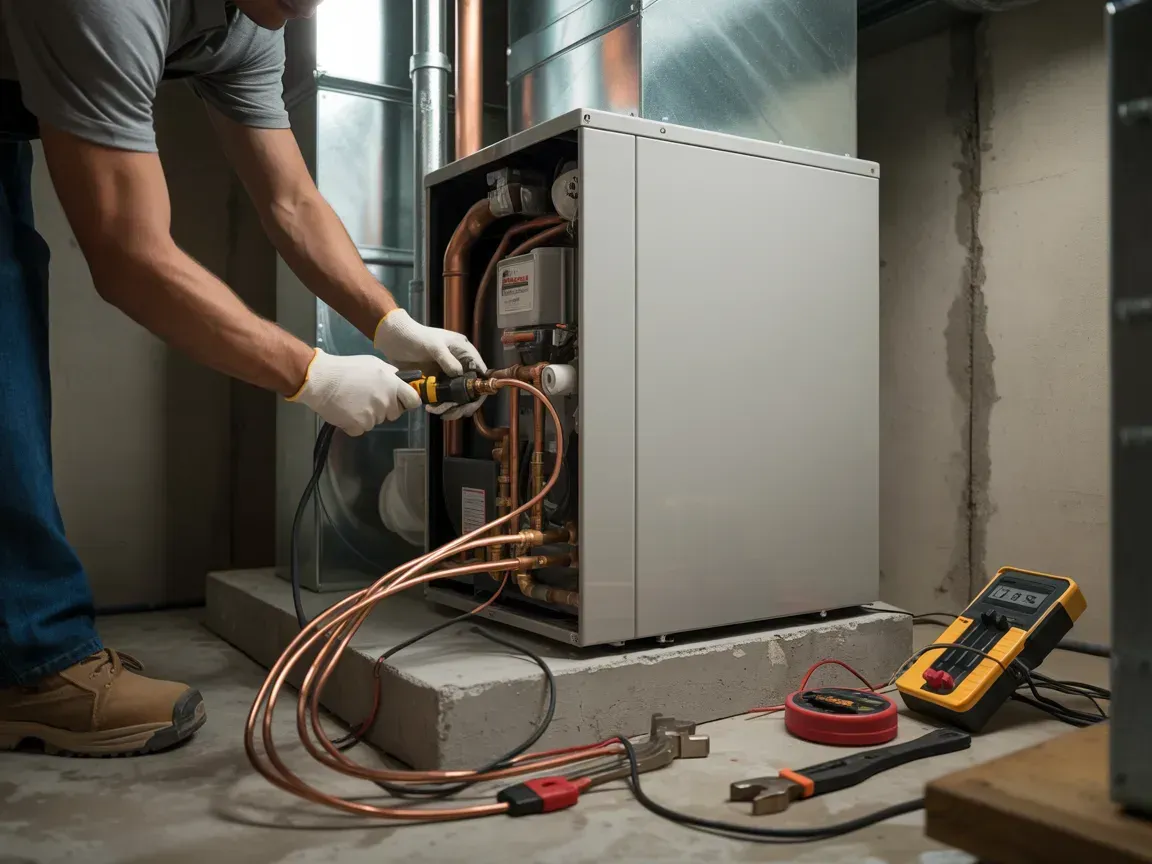 Technician wiring an open electrical panel in a utility room, with tools and cables on the floor.