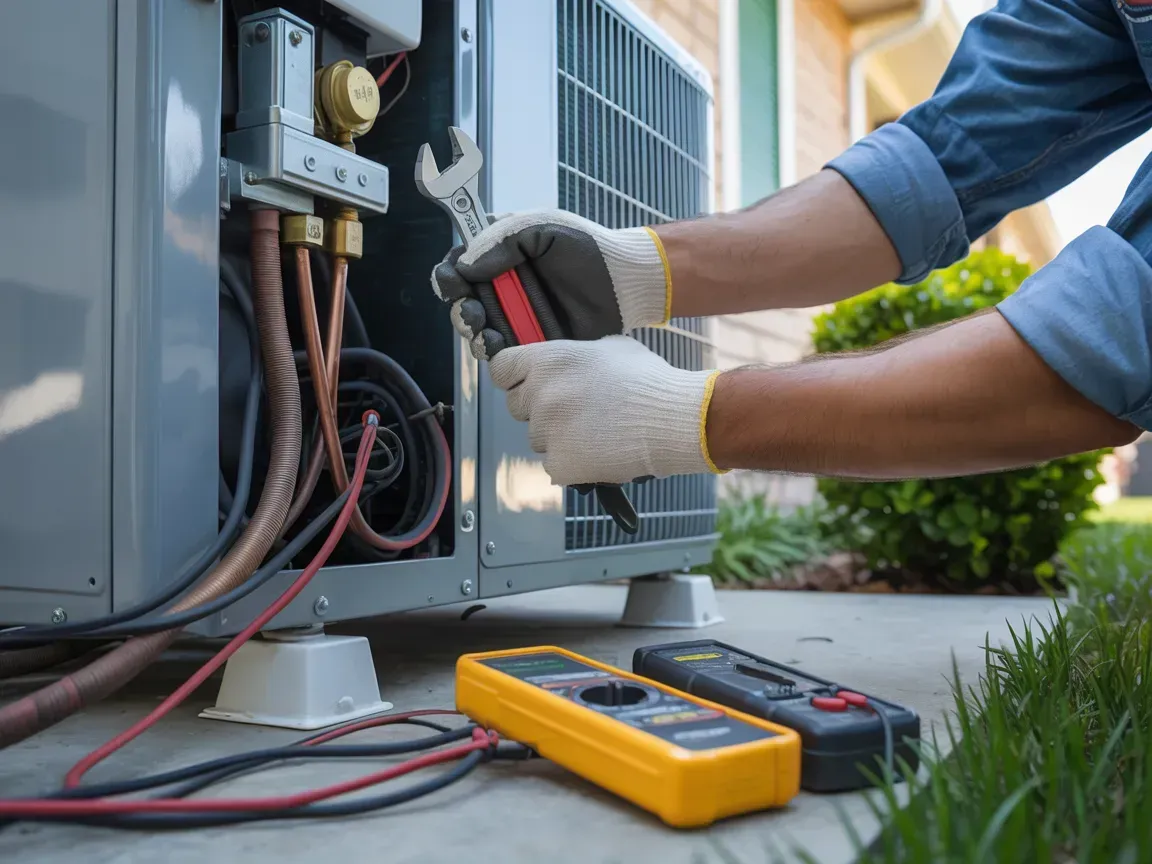 Technician using a multimeter to inspect wiring on an outdoor HVAC unit