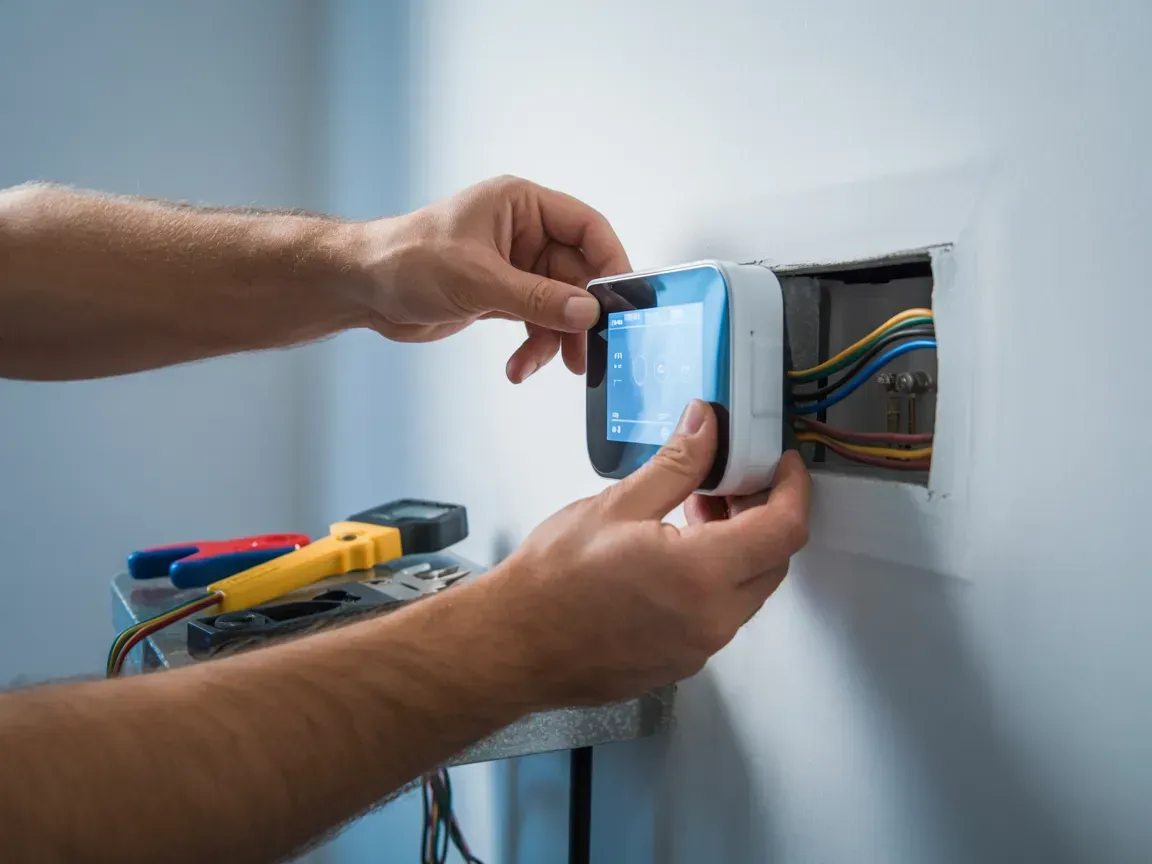 Hands installing a blue thermostat in a wall electrical box with exposed wires and tools nearby