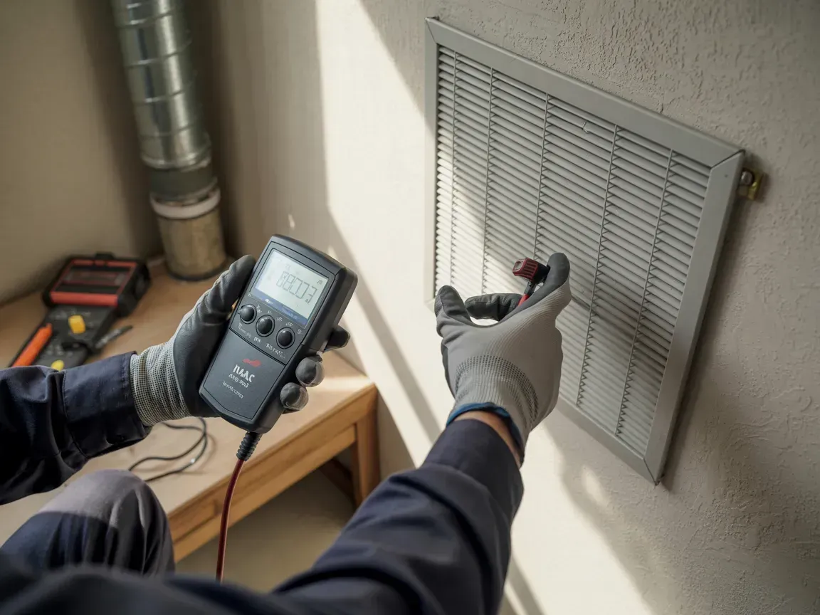 Person using a meter to test an electrical vent on a wall in a utility room
