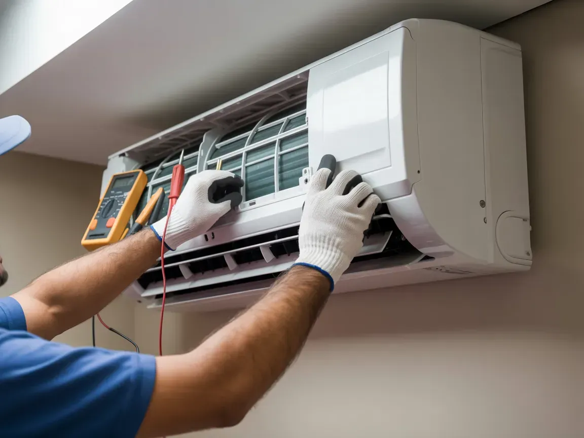 Technician cleaning a wall-mounted air conditioner with gloves and tools