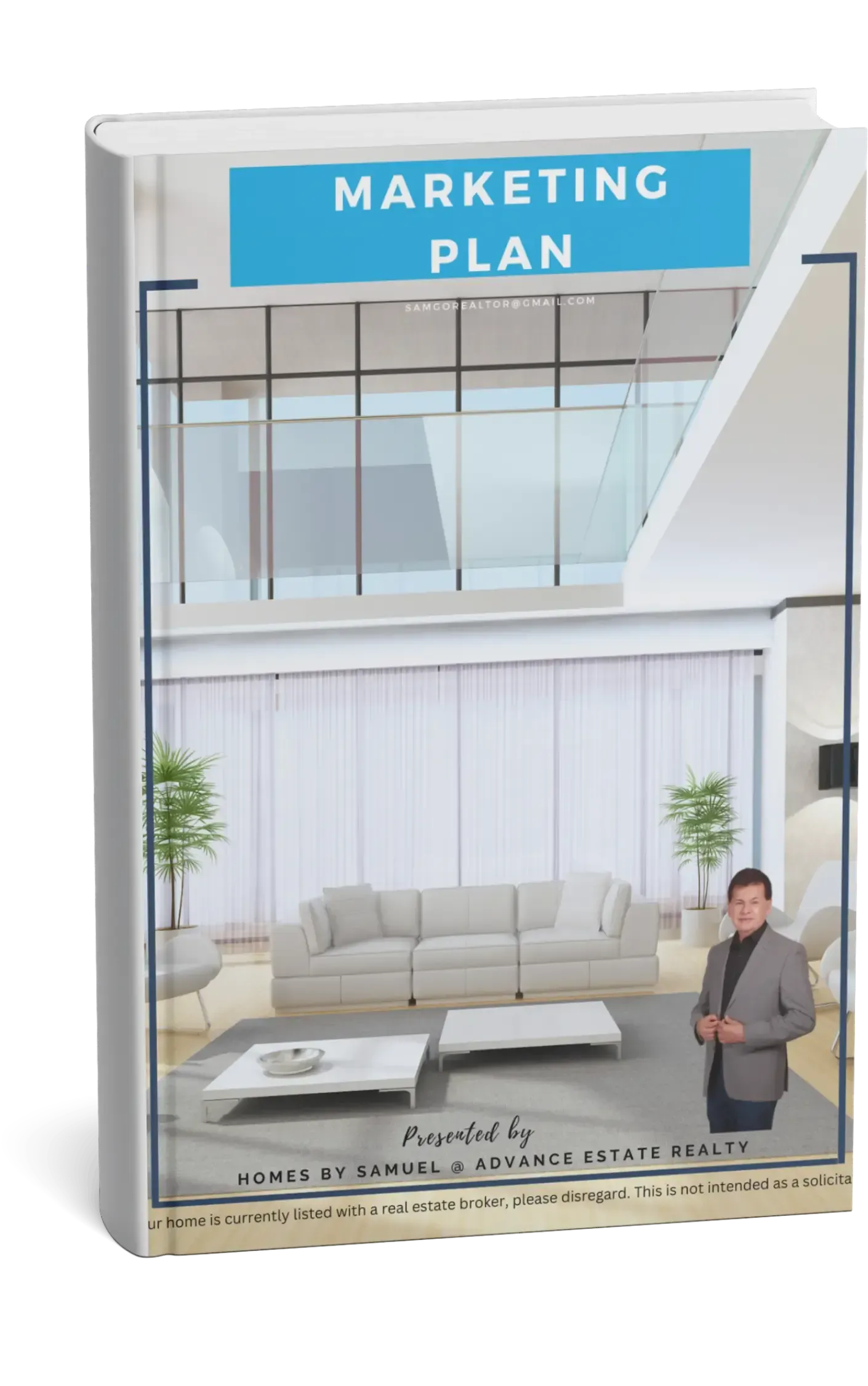 A book titled marketing plan has a picture of a living room by samuel gonzalez