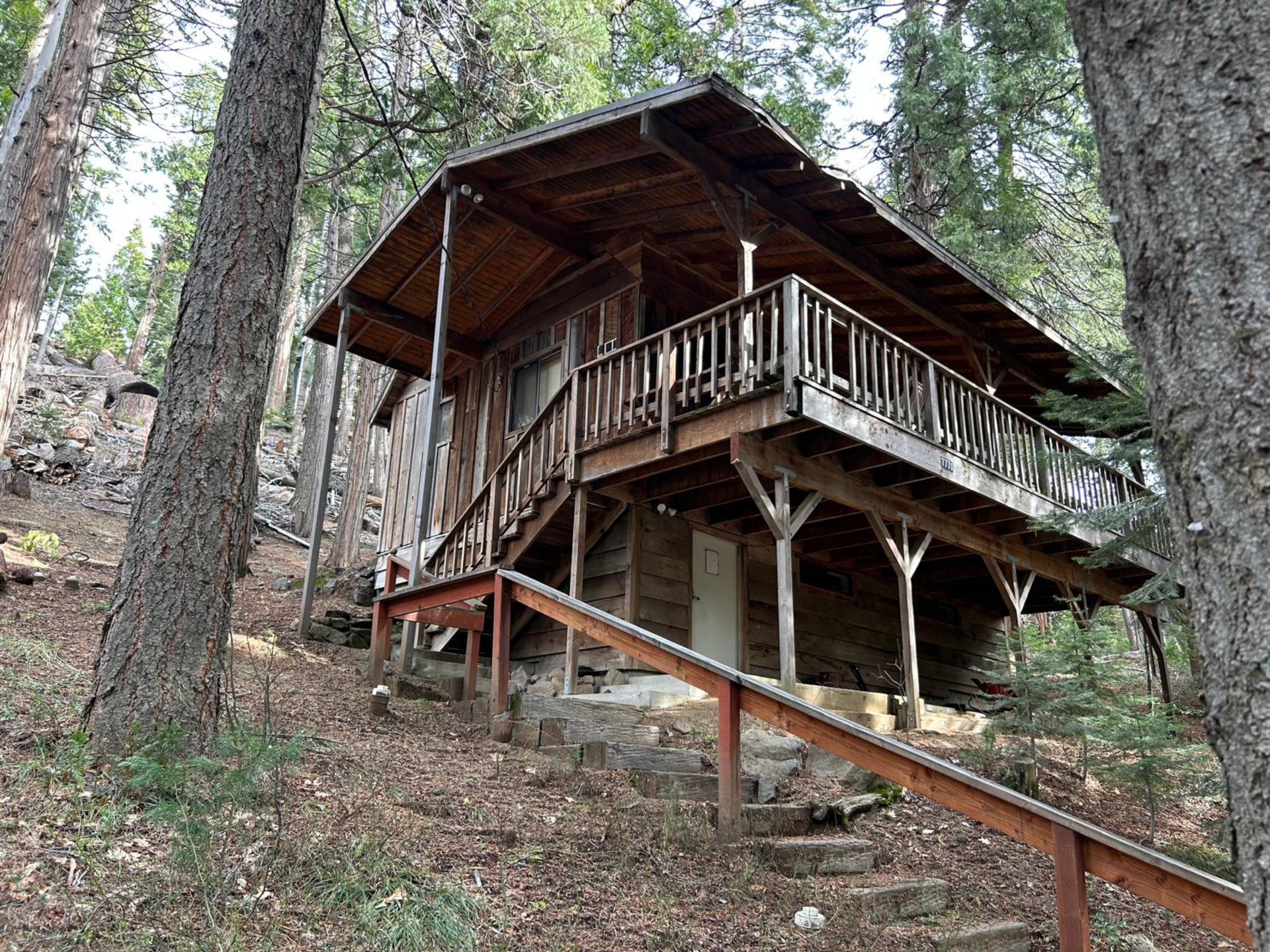 Rustic wooden cabin in a forest setting, with a small porch and stairs leading up.