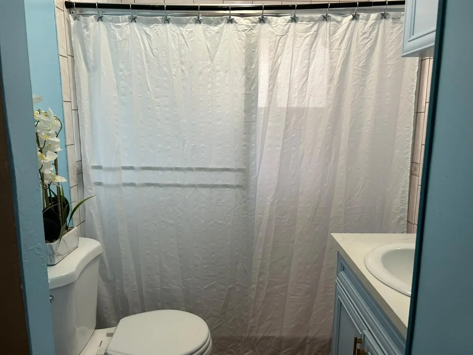 A bathroom with a toilet and a shower curtain