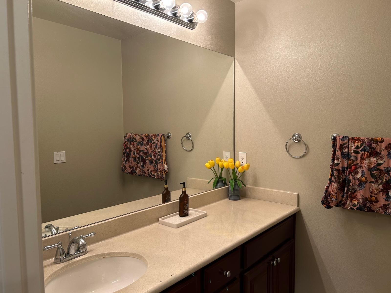A bathroom with a sink and a large mirror.