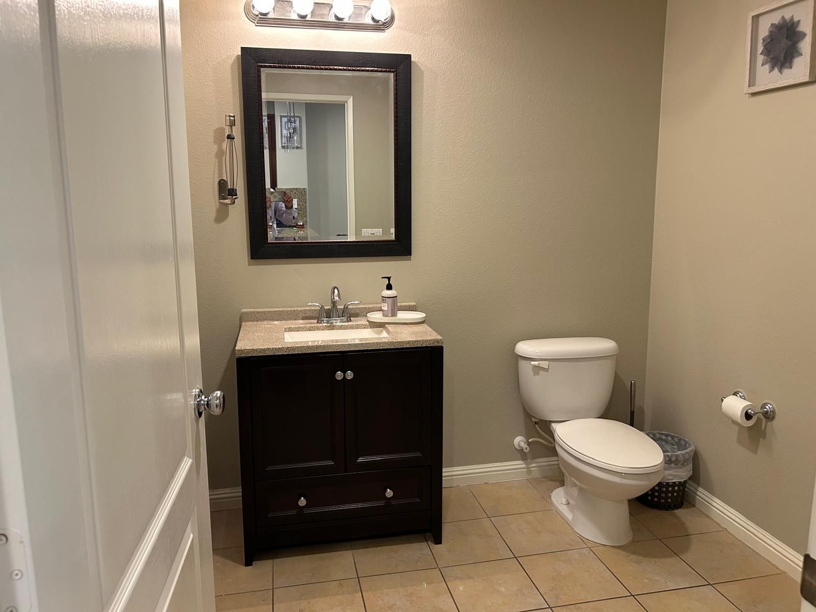 A bathroom with a sink , toilet and mirror.