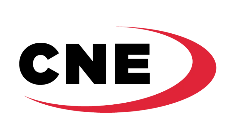 A cne logo with a red swirl on a white background.