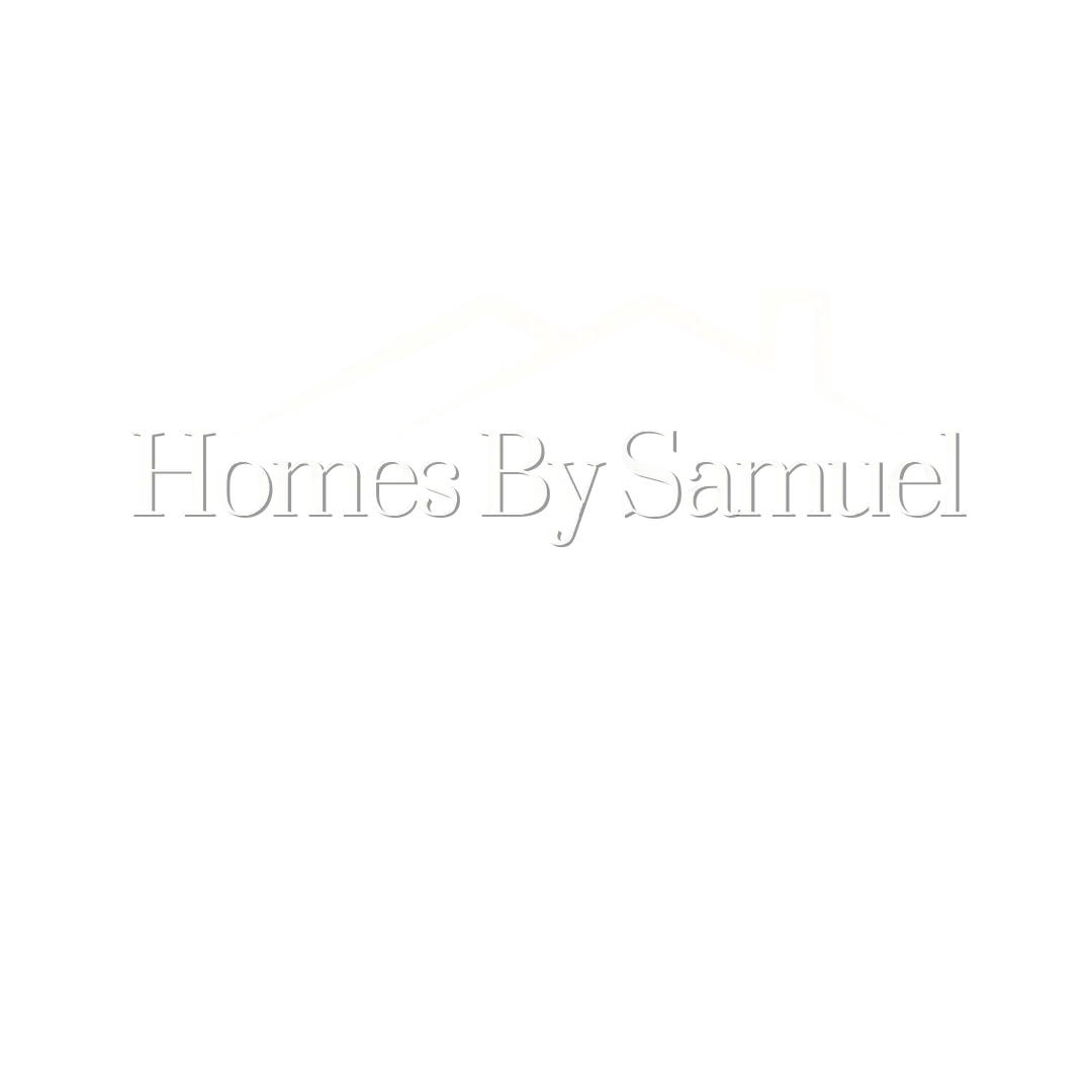 A white logo for homes by samuel on a white background.