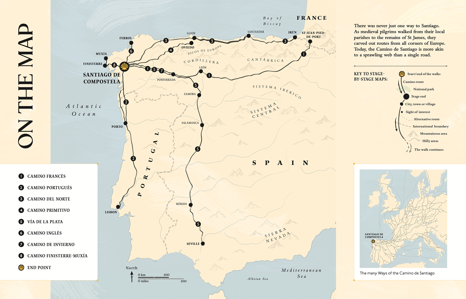 A map showing the eight route of the Camino de Santiago as shown in the DJ book, Walking the Camino de Santiago