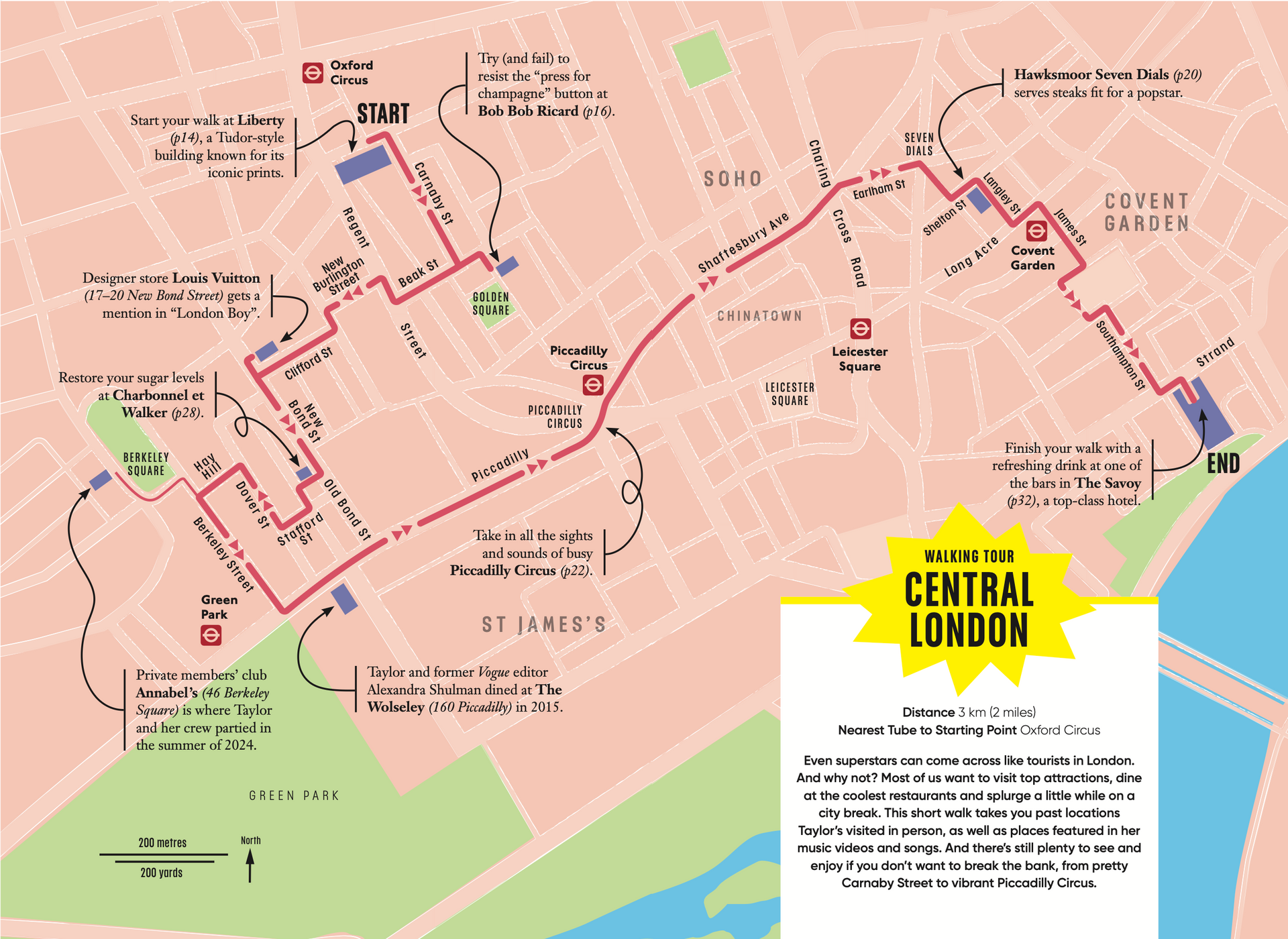A map of central london showing a walking route visiting sights related to the singer Taylor Swift