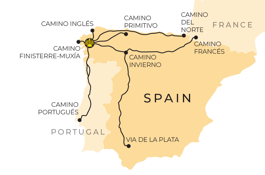 A very rough outline of the eight routes included in the DK book Walking the Camino de Santiago