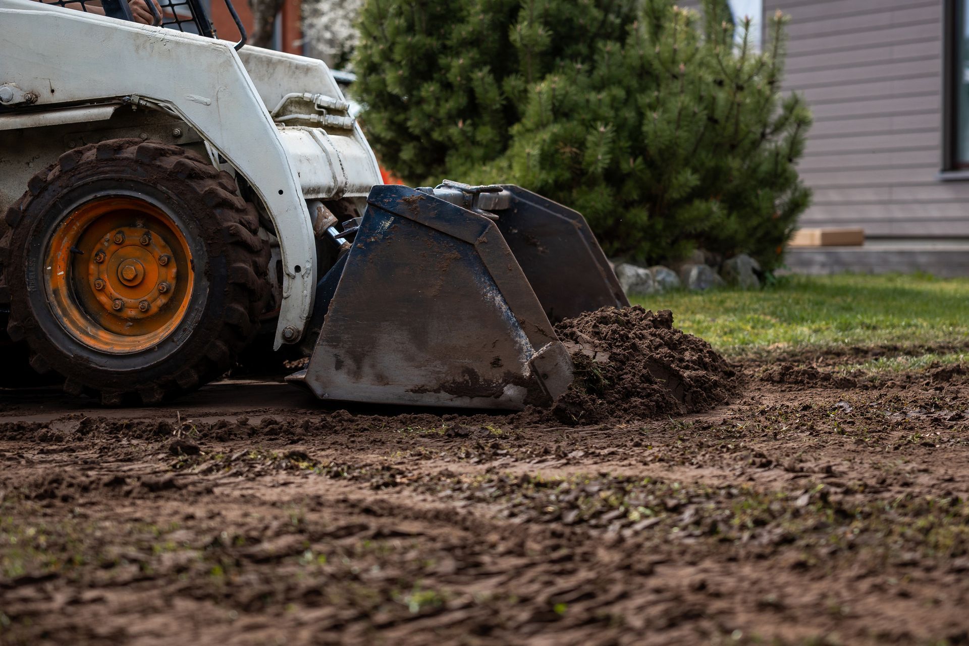White skid steer scooping up soil on a brown dirt surface, with a green bush and part of a house in the background.