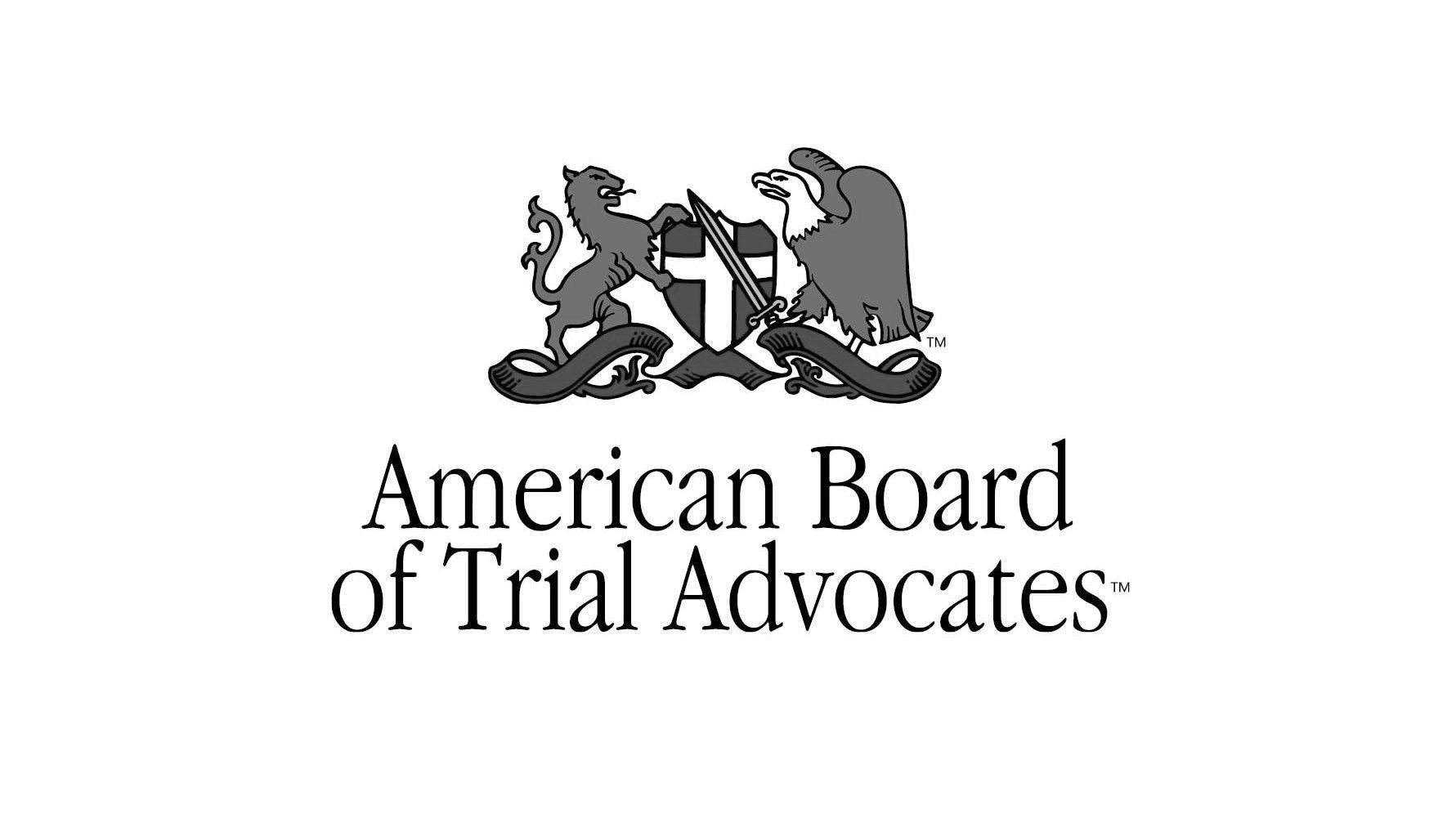The american board of trial advocates logo is black and white.
