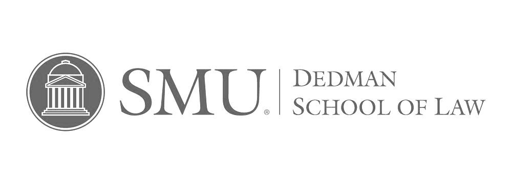 The smu dedman school of law logo is black and white.
