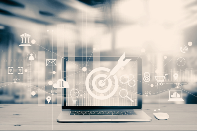 A graphic showing components of targeted marketing strategies on a computer monitor. 