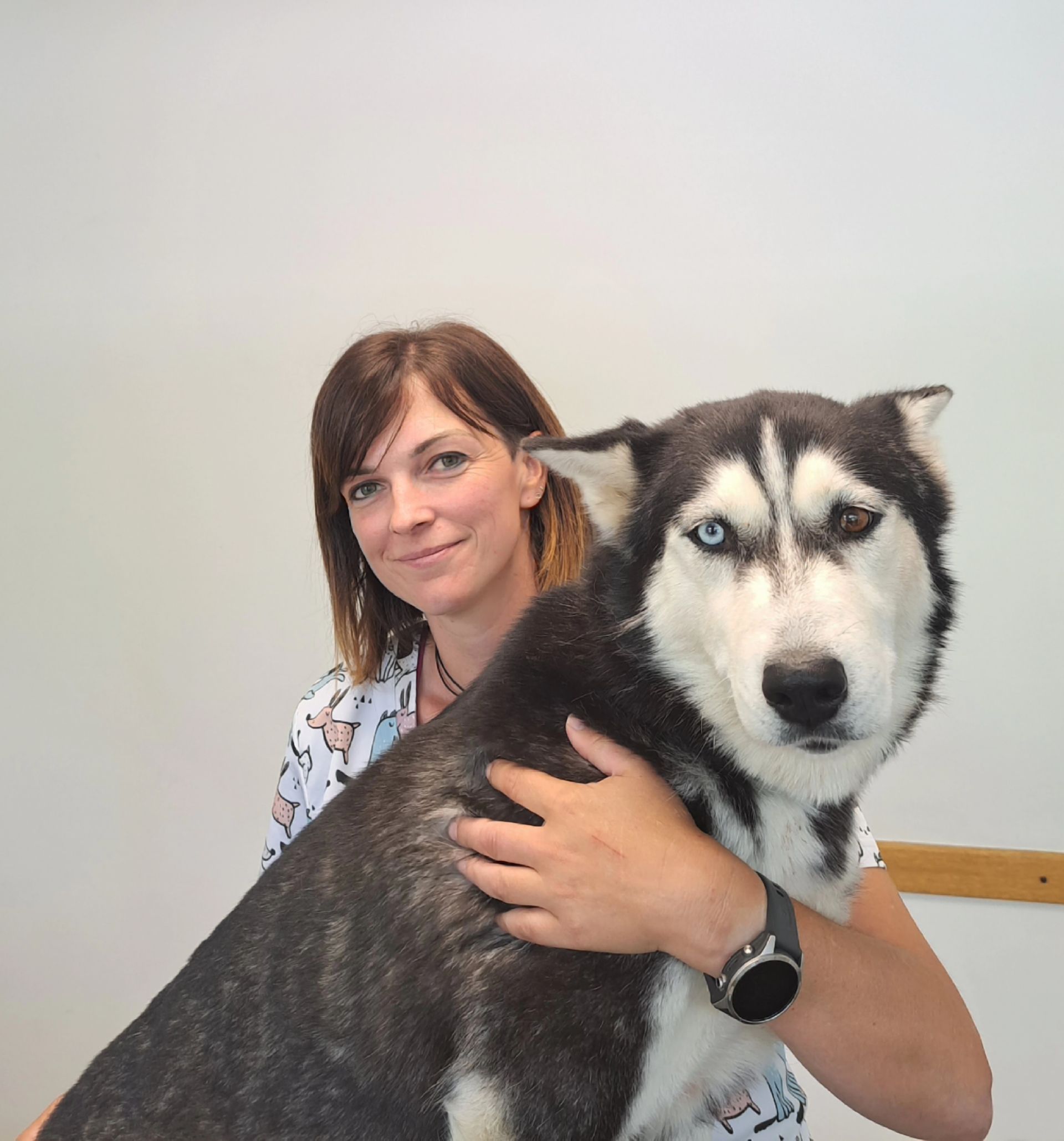 Une femme tient un chien husky dans ses bras.