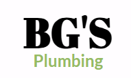 The logo for bg 's plumbing is black and green on a white background.