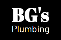 The logo for bg 's plumbing is white on a black background.