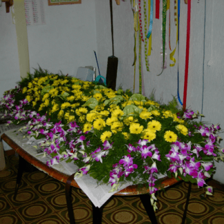allestimento di gerbere e orchidee per cofano funebre