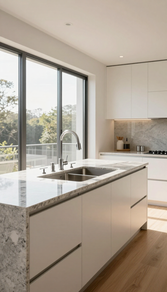 Modern white kitchen with island, sink, and large sliding glass doors letting in sunlight