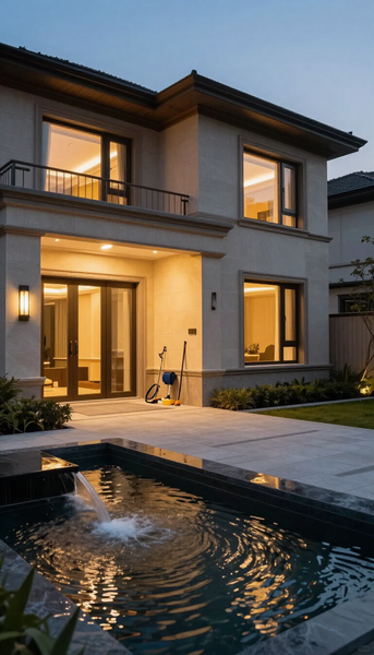 Modern two-story house at dusk with lit windows and a backyard pool reflecting the lights