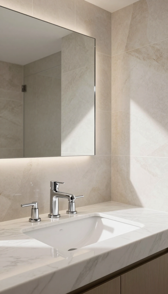 Modern bathroom sink with chrome faucet, white countertop, and wall mirror in beige marble setting