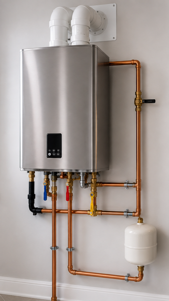 Wall-mounted tankless water heater with copper pipes and venting in a utility room.