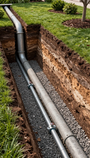 Trenched yard with exposed underground pipes and gravel drainage line beside a grass lawn