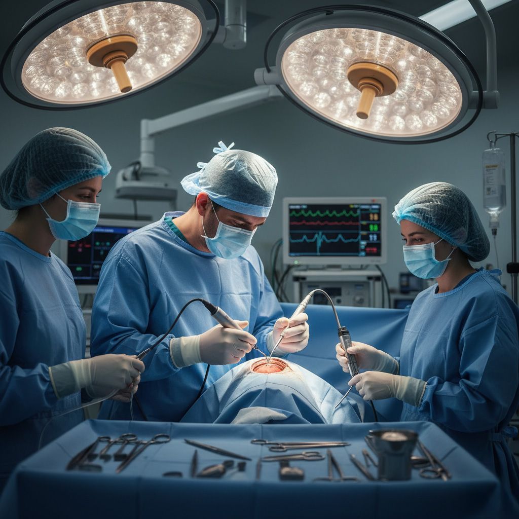 Cirurgiões em sala de cirurgia realizando cirurgia, iluminados por luzes suspensas. Instrumentos médicos em bandeja.