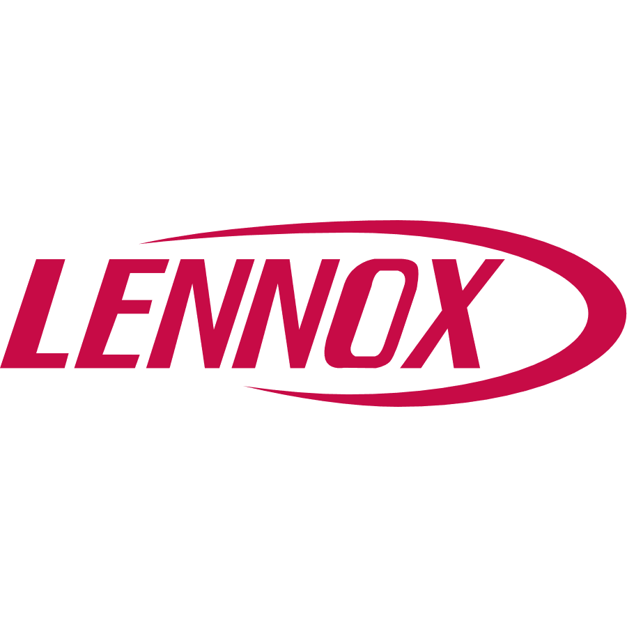 Lennox logo: Red text within a red, curved shape.