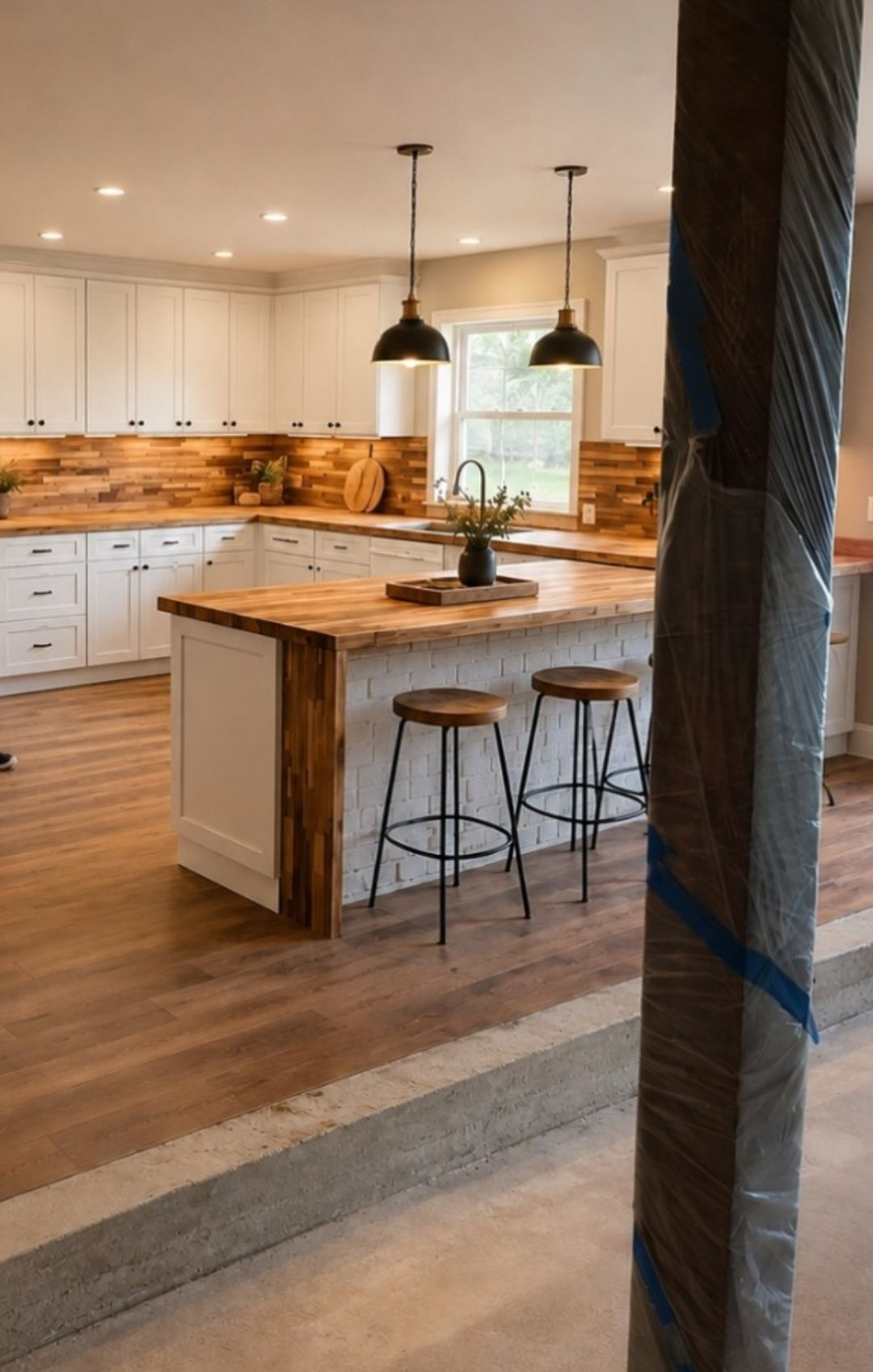 Modern kitchen with white cabinets, wood island, pendant lights, and hardwood floors