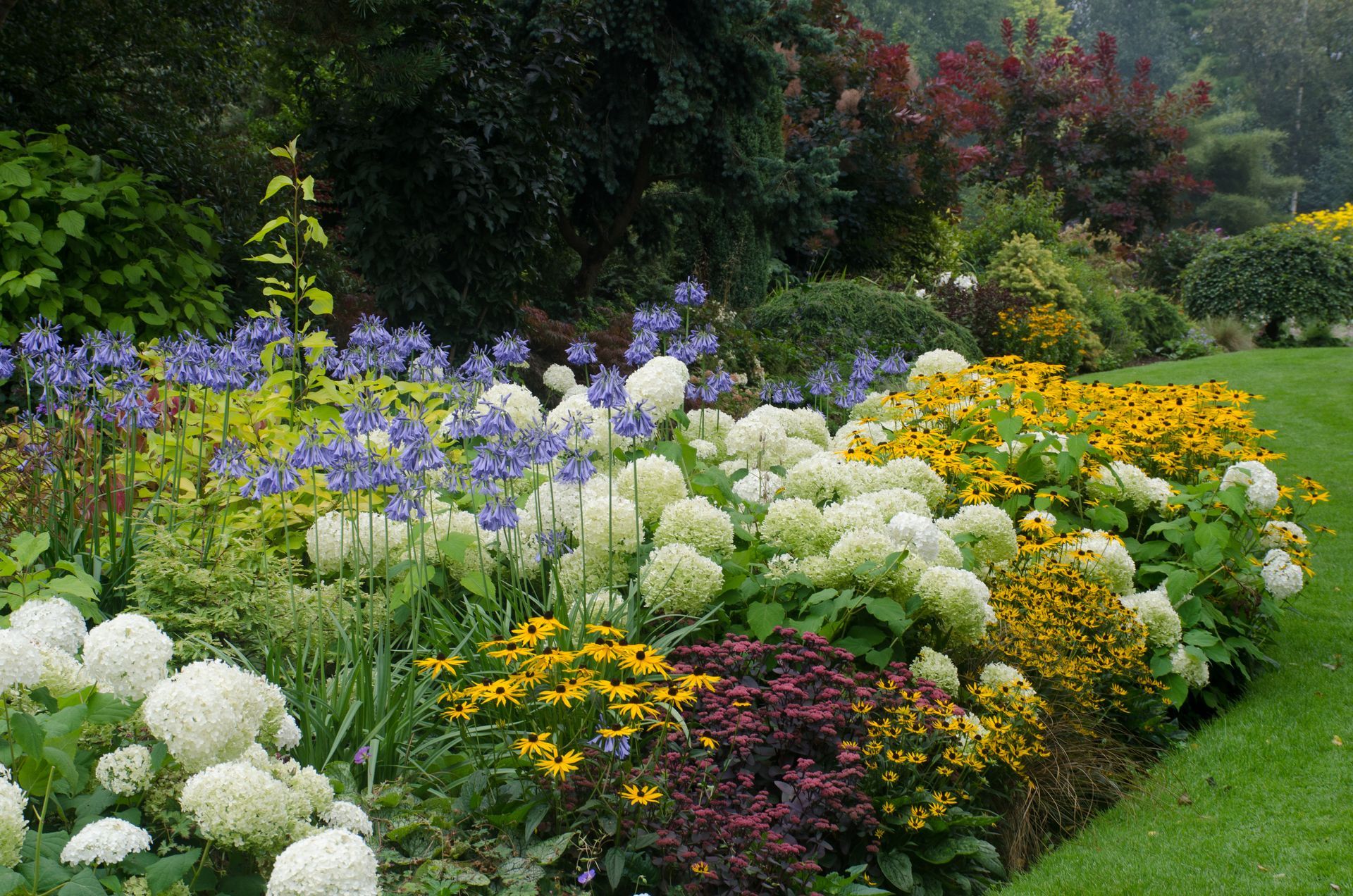 A tiered wooden display table filled with potted flowers in vibrant shades of red, purple, orange, yellow, and pink.