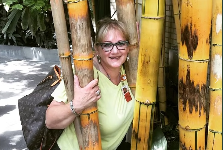 A smiling person posing between thick stalks of golden bamboo, wearing a light yellow top and carrying a patterned bag.