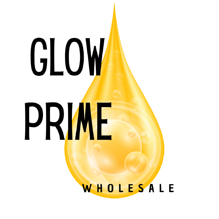 Logotipo de venta al por mayor de Glow Prime con una gota amarilla de líquido
