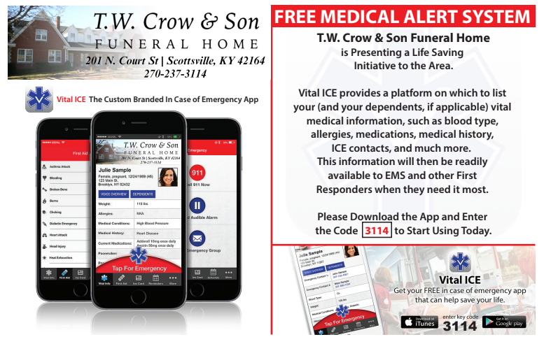 T.W. Crow & Son Funeral Home Vital Ice Information with text on the right with instructions on downloading app Vital ICE